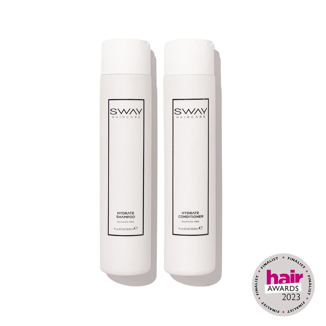 SWAY Hydrate Duo: Shampoo & Conditioner for hair extensions. Sulphate and paraben-free. Nourishes, repairs, and hydrates hair