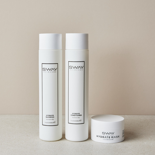 Hydrate Trio: SWAY Hydrate Shampoo, gentle formula for hair extensions. SWAY Hydrate Conditioner, nourishes and repairs. SWAY Hydrate Mask, rejuvenates and hydrates all hair types