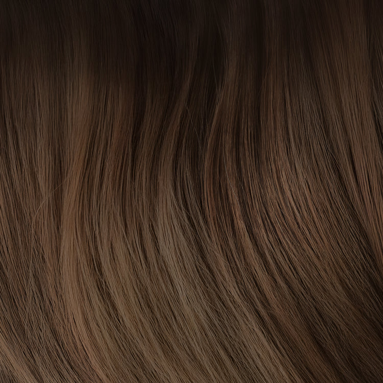 Shade Swatches - SWAY Hair Extensions - Thin, flexible, and discreet. 100% Double Drawn Remy Human Hair. Versatile and reusable. Shade - ROOTED CHESTNUT BROWN MIX