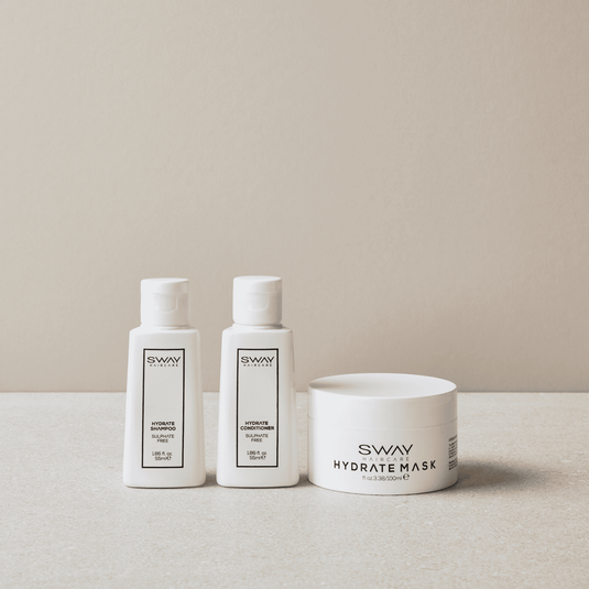 Travel size sulphate free haircare range for maintaining SWAY tresses with beachy, hydrated holiday waves