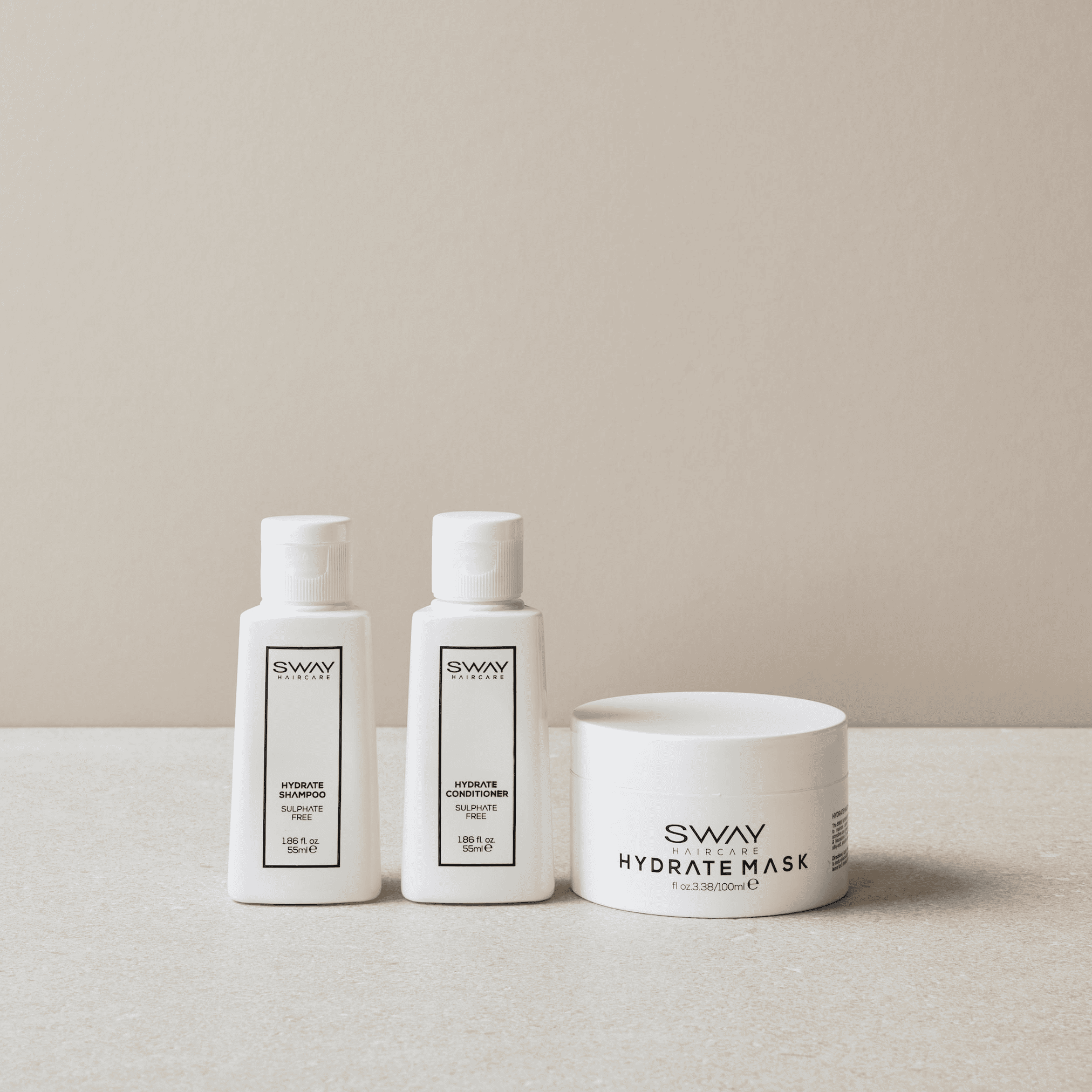 Travel size sulphate free haircare range for maintaining SWAY tresses with beachy, hydrated holiday waves