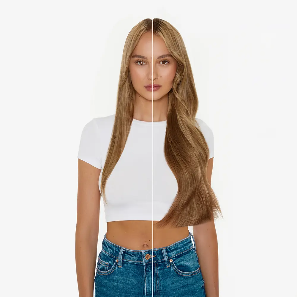 A woman with long hair and a white top showcasing the benefits of SWAY Clip In Hair Extensions.