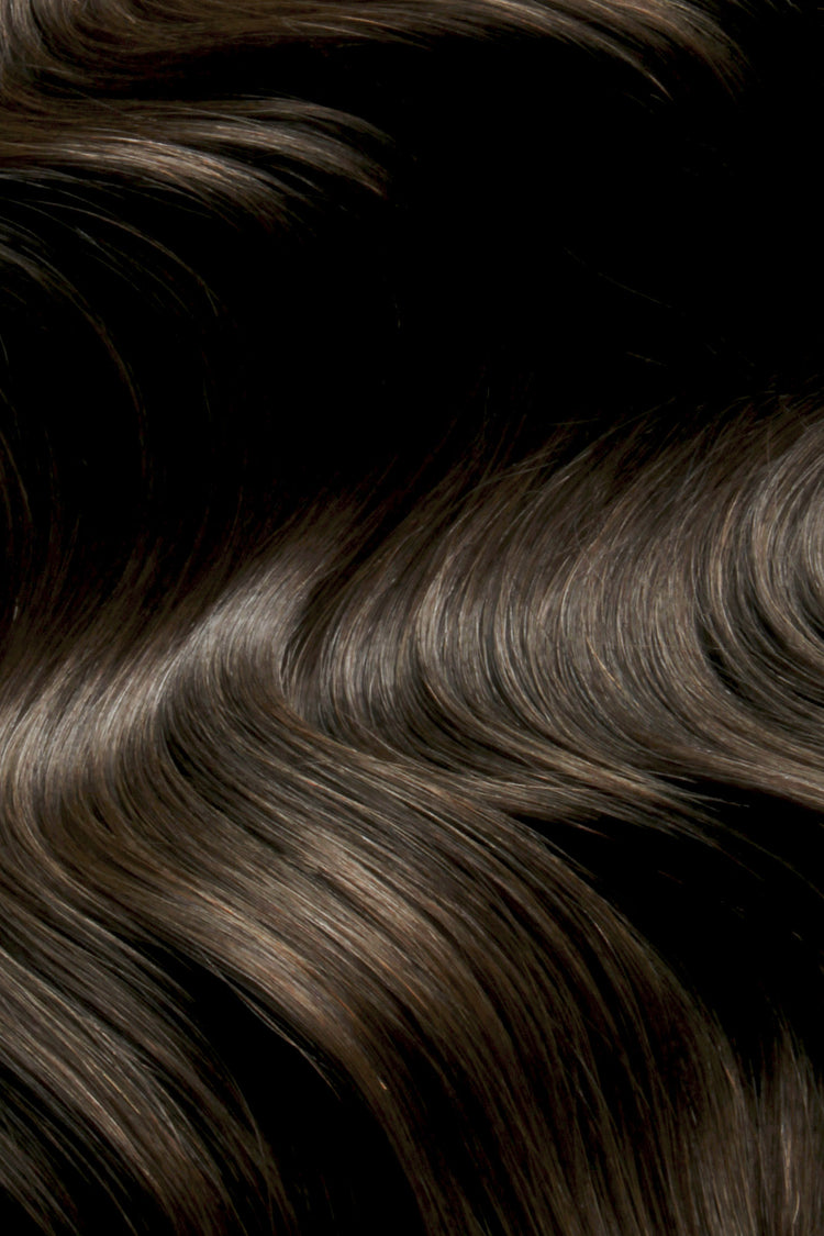 Shade Swatches - SWAY Hair Extensions - Thin, flexible, and discreet. 100% Double Drawn Remy Human Hair. Versatile and reusable. Shade - DARKEST BROWN