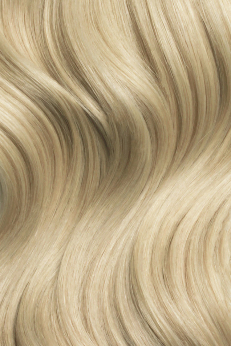 Shade Swatches - SWAY Hair Extensions - Thin, flexible, and discreet. 100% Double Drawn Remy Human Hair. Versatile and reusable. Shade - SILVER ASH BLONDE