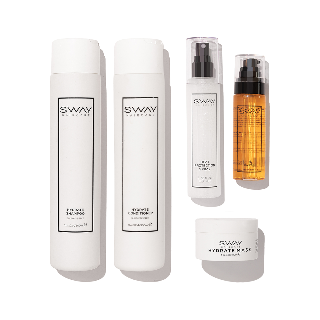 Hydrate System: Elevate your haircare with SWAY Hydrate Shampoo, Conditioner, Mask, and Hair Oil. Nourish, repair, and hydrate for beautiful, frizz-free hair