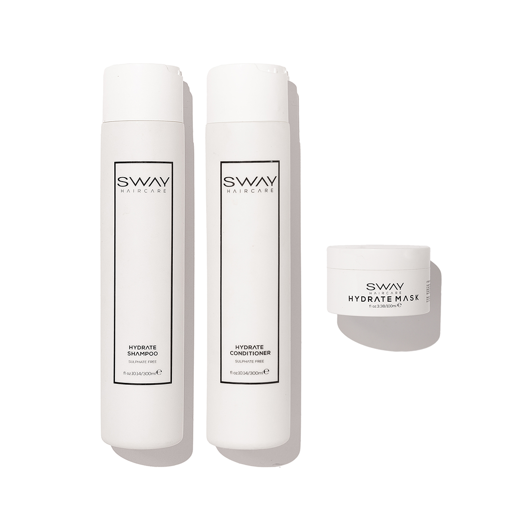 Hydrate Trio: SWAY Hydrate Shampoo, gentle formula for hair extensions. SWAY Hydrate Conditioner, nourishes and repairs. SWAY Hydrate Mask, rejuvenates and hydrates all hair types