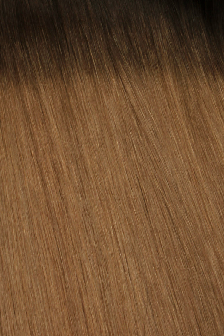 Shade Swatches - SWAY Hair Extensions - Thin, flexible, and discreet. 100% Double Drawn Remy Human Hair. Versatile and reusable. Shade - ROOTED CHESTNUT BROWN MIX