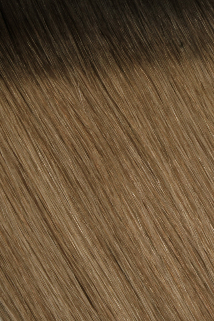 Shade Swatches - SWAY Hair Extensions - Thin, flexible, and discreet. 100% Double Drawn Remy Human Hair. Versatile and reusable. Shade - MOCHACCINO MELT