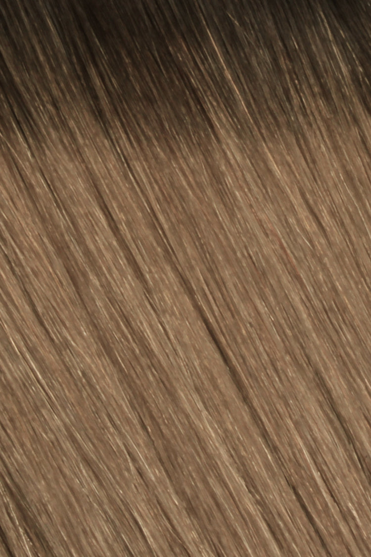 Shade Swatches - SWAY Hair Extensions - Thin, flexible, and discreet. 100% Double Drawn Remy Human Hair. Versatile and reusable. Shade - ROOTED SUNKISSED BROWN