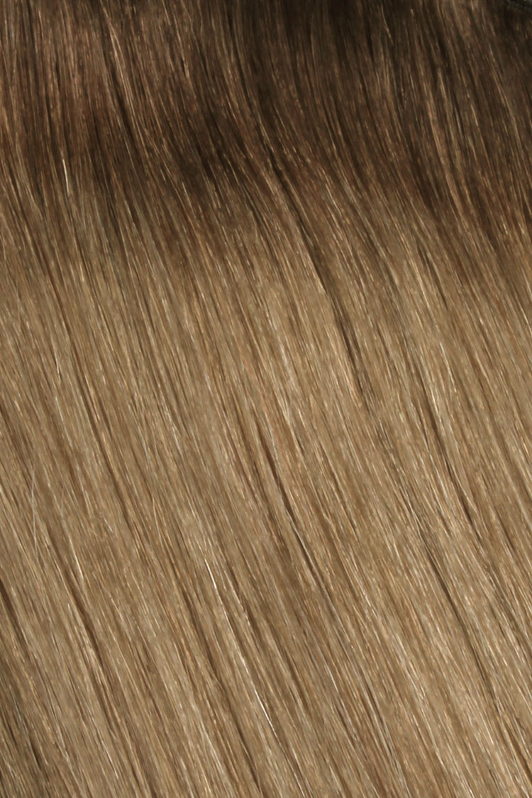 Shade Swatches - SWAY Hair Extensions - Thin, flexible, and discreet. 100% Double Drawn Remy Human Hair. Versatile and reusable. Shade - ROOTED CHAMPAGNE CHESTNUT