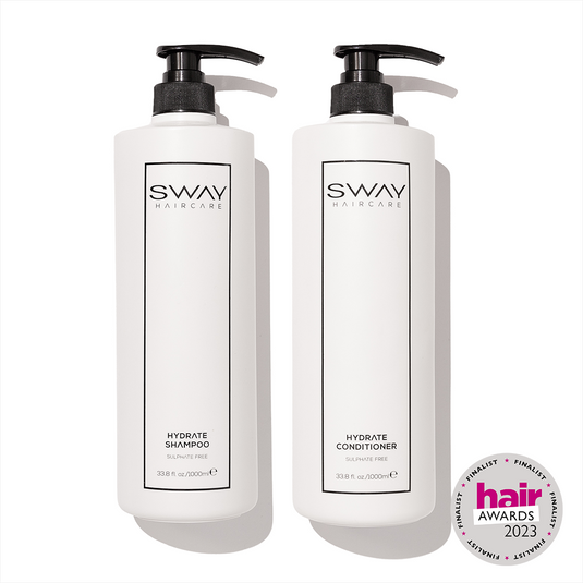 SWAY Salon Duo - Hydrate Shampoo &amp; Conditioner for Hair Extensions. Sulphate &amp; paraben-free, enriched with argan &amp; macadamia oils. 1000ml each