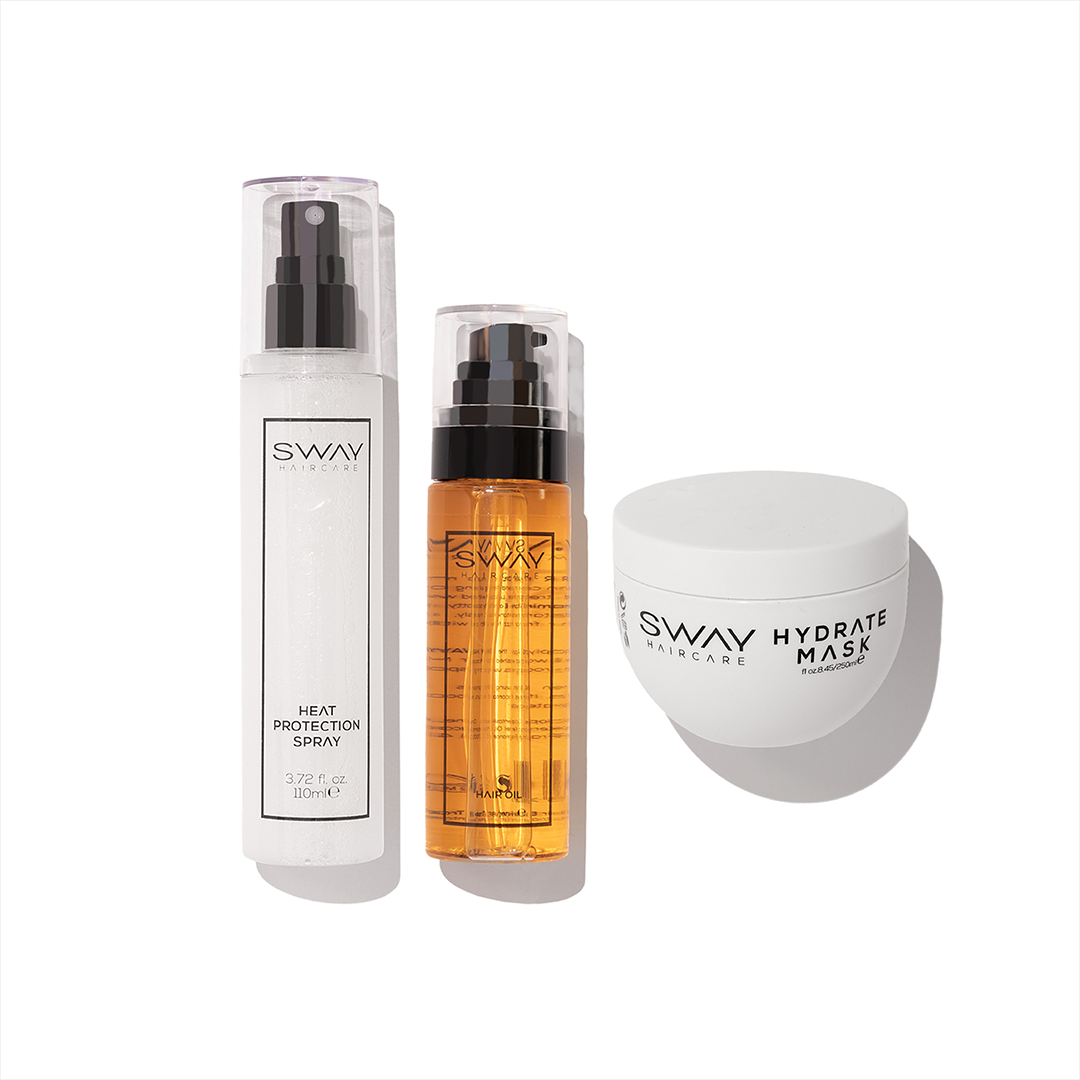 SWAY Style Trio care package for hair extensions. Includes Hair Oil, Heat Protection Spray, and Hydrate Mask. Nourishes, protects, and enhances hair